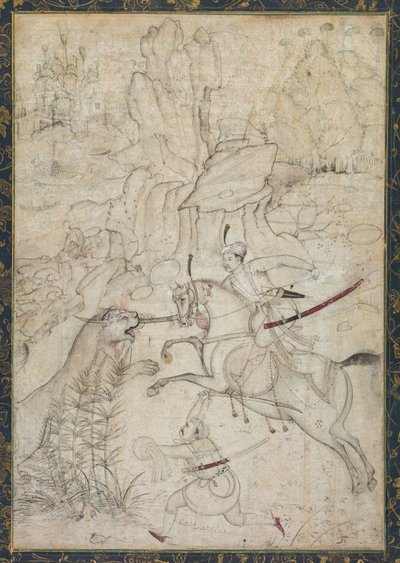 A Mounted Prince Hunting Lion in a Rocky Landscape by Girolamo della Robbia
