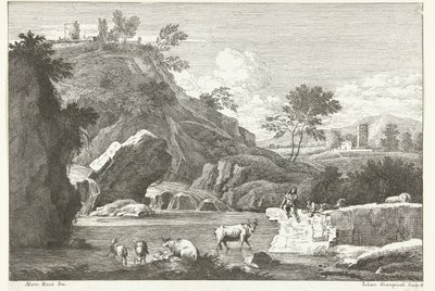 Landscape with Two Shepherds and Cattle by Water (series title: Italian Landscapes) by Giuliano Giampiccoli