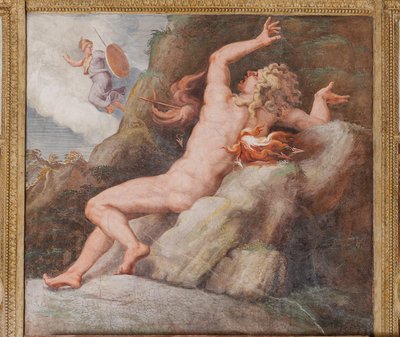 Ajax impaled with a flash of fire on a sharp rock, The Trojan Horse, Chamber of Troy by Giulio (and workshop) Romano