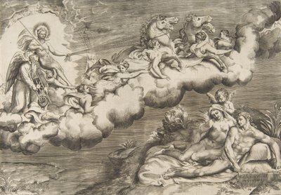 An allegory of the rising sun, a naked man wearing a shroud and accompanied Father Time by Giulio Bonasone