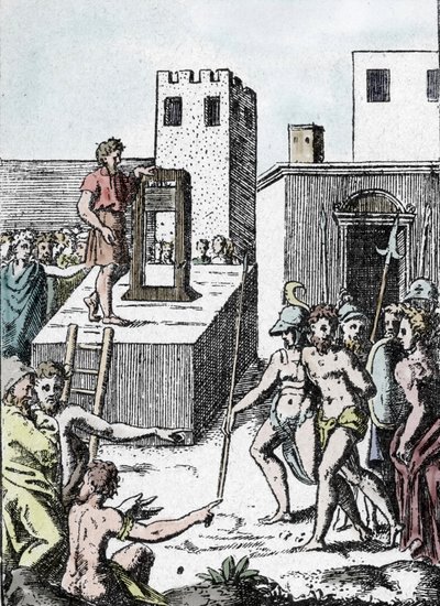 Execution of a Death Sentence with the Ancestor of the Guillotine in Italy (engraving) by Giulio Bonasone