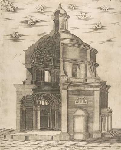 Exterior and interior section of a temple in Rome dedicated to Neptune by Giulio Bonasone