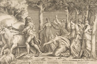 Hercules driving off the cattle of Geryon, at the right are the nymphs of Hesperides by Giulio Bonasone