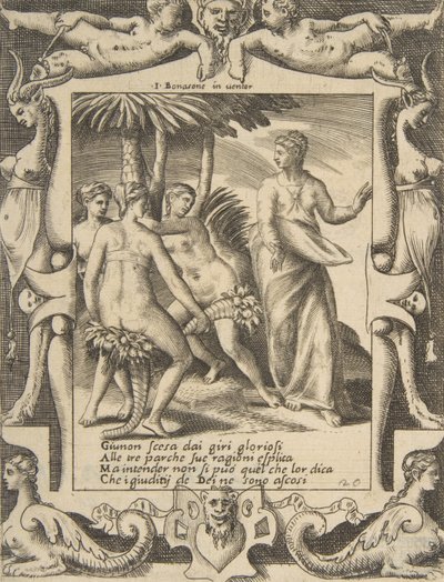 Juno at the right turning and speaking to the Fates, set within an elaborate frame by Giulio Bonasone