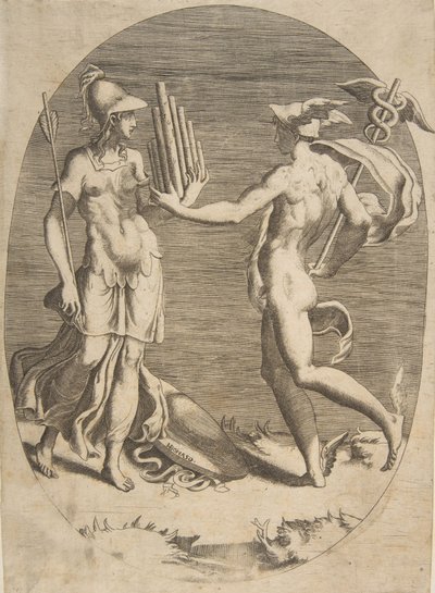 Mercury Presenting a Panpipe to Minerva by Giulio Bonasone