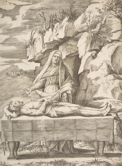 Pieta, Christ stretched out on a table in a landscape, the Virgin standing behind arms, 1531-76 by Giulio Bonasone