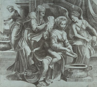 The Virgin Washing the Christ Child Accompanied by Figures and an Angel at Right by Giulio Bonasone