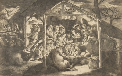 The adoration of the shepherds, various figures surrounding the Christ Child in the center by Giulio Bonasone