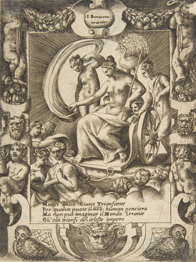 The triumph of Juno who is sat in a carriage, set within an elaborate frame, 1531-76 by Giulio Bonasone