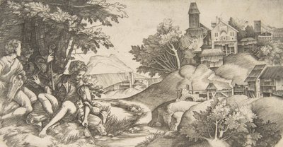 At left four shepherds with musical instruments seated under a group of trees, ca. 1517 by Giulio Campagnola