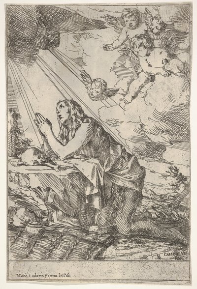 Penitent Magdalen Kneeling on a Rocky Ground Before a Skull and Bones, an Ointment Jar by Giulio Carpioni