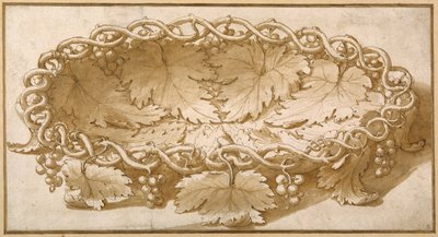 Design for an oval fruit bowl, with vine tendrils, leaves and grapes by Giulio Romano