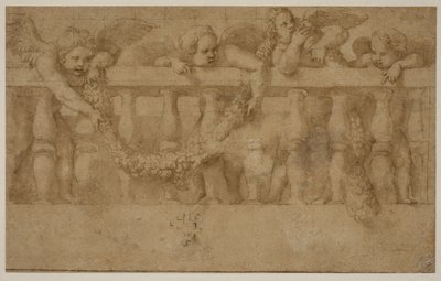Four Winged Putti Decorating a Balustrade with Garlands by Giulio Romano