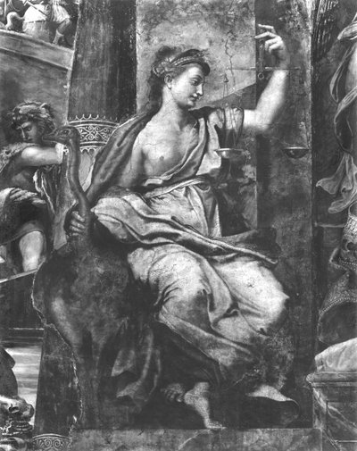 Justice, One of the Two Virtues Surrounding Pope St. Urban I (d.230) Raphael Rooms (detail) by Giulio Romano