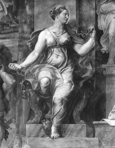 Moderation, One of the Two Virtues Surrounding Pope Clement I (1-97) Raphael Rooms (detail) by Giulio Romano