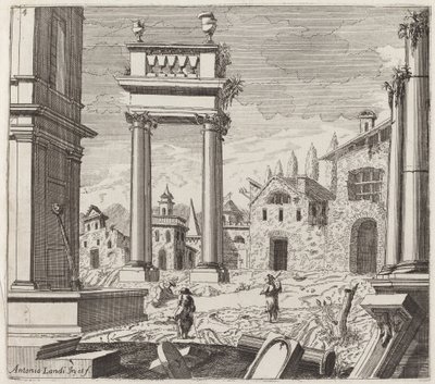 Architectural Fantasy with Classical Ruins and Vernacular Buildings by Giuseppe Antonio Landi