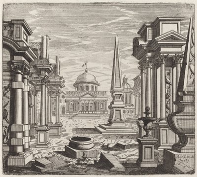 Architectural Fantasy with Obelisks, Ruins, and a Piazza by Giuseppe Antonio Landi