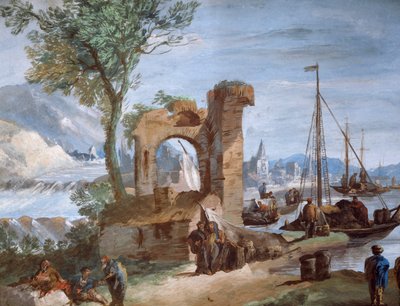 Imaginary view: Port with ruins and waterfall by Giuseppe Bernardino Bison