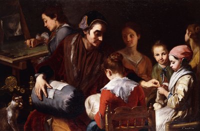 Girls being taught Needlework by a Seamstress by Giuseppe Bonito