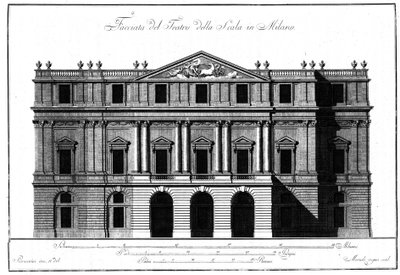 Drawing of the exterior architecture of the facade of the Teatro alla Scala (Theatre de la Scala) in Milan realized by Giuseppe Piermarini (1734-1808) by Giuseppe Piermarini