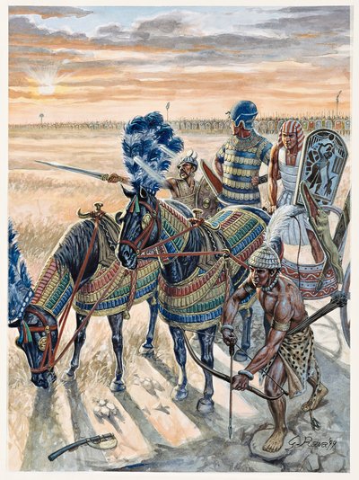 Egyptian Antiquity: Representation of Pharaoh Ramses II with His Army - Illustration by Giuseppe Rava by Giuseppe Rava