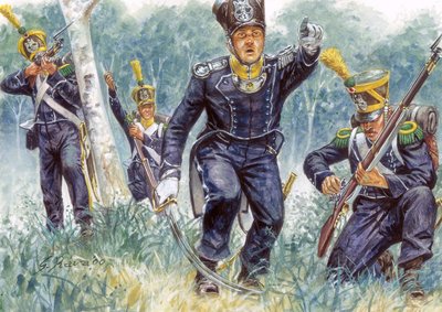 First empire: light infantry voltigeurs in the woods - Illustration by Giuseppe Rava by Giuseppe Rava