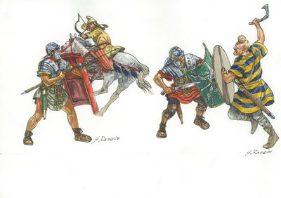 Roman Legionaries Fighting a Parthian Mounted Archer and a Frankish Warrior by Giuseppe Rava