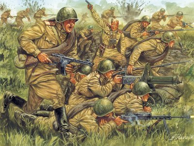 Second World War: Assault of Russian infantry in light uniform (Illustration) by Giuseppe Rava