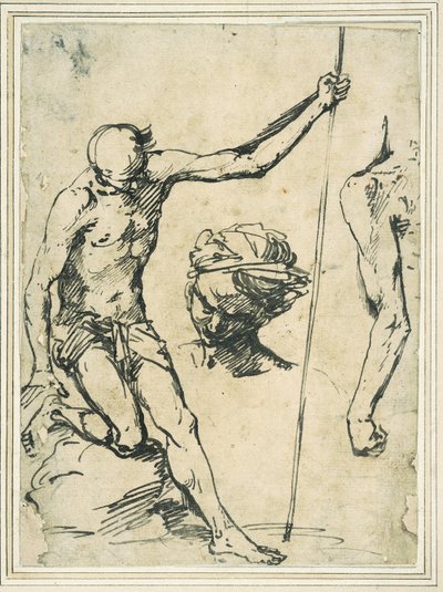 Figure studies: man holding a pole, head of a man with a turban, and a left arm seen from behind by Giuseppe Ribera