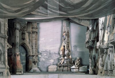 Square in front of Cathedral of Valladolid, Act III, Scene IV, set design for Don Carlos by Giuseppe Verdi by Giuseppe Verdi