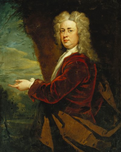 Portrait of a Gentleman, Standing Half Length, Wearing a Red Velvet Jacket and a Brown Cloak in a Park by Godfrey Kneller