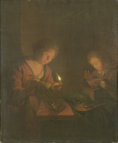 Fire and Light (A Girl Places a Candle in a Lantern and a Boy Blows on the Coals in a Chafing-Dish) by Godfried Schalcken (attributed to)