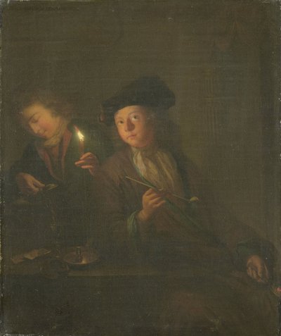The Smoker (A Man with a Pipe and a Man Pouring a Beverage into a Glass) by Godfried Schalcken (attributed to)