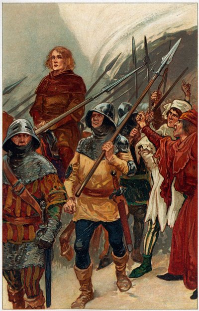 Surrounded by armed men, Wallace was taken to Westminster Hall to be tried as a traitor. Illustration from Heroes & Heroines of English History by Alice S. Hoffman by Gordon Frederick (after) Browne