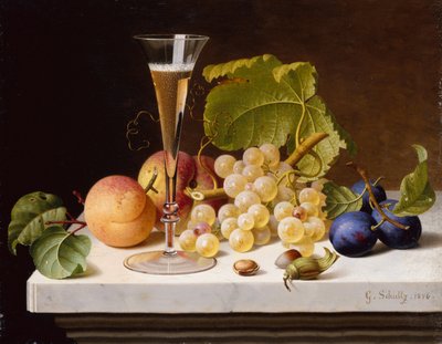 Grapes, Peaches, Plums, Nuts and a Glass of Champagne on a Marble Ledge by Gottfried Schultz