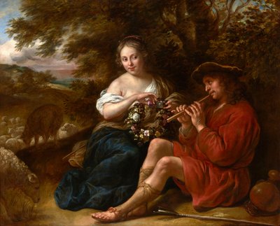 Elegant Shepherdess Listening to a Shepherd Playing the Recorder in an Arcadian Landscape by Govert Flinck