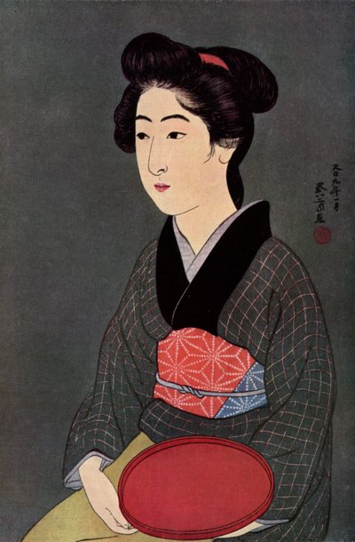 A Japanese waitress with a tray by Goyo Hashiguchi