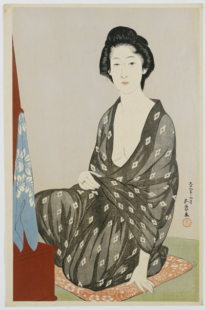 A Beauty in a Black Kimono with White Hanabishi Patterns, Seated Before a Mirror by Goyo Hashiguchi