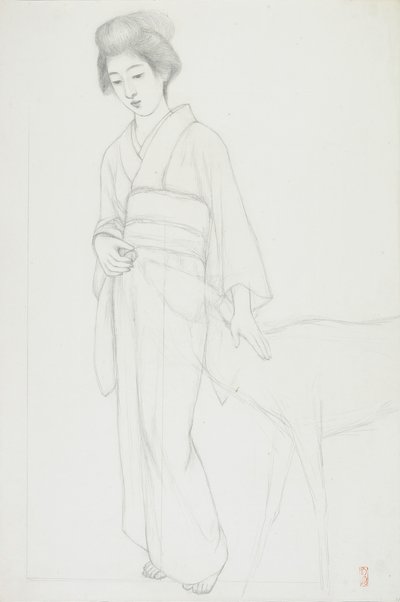 Drawing of Woman Stroking a Deer by Goyo Hashiguchi