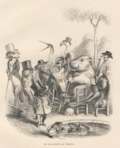 Animals in Elegant Outfits Walking in the Tuileries. Illustrated Vignettes by JJ Granville. Engraving Signed by Andrew, Best, and Leloir in the Section 
