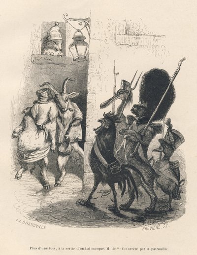 Drunk Pig and Goat Crossing a Patrol Consisting of a Dog, a Rooster, a Duck, and a Pelican. Illustrated Vignettes by JJ Granville. Engraving signed Breviere in the section 