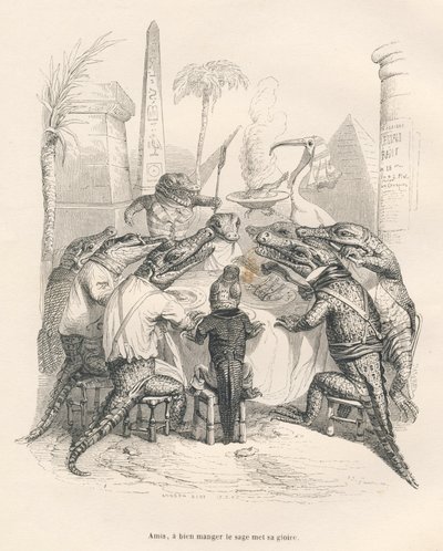 Crocodiles Around a Table in Egypt. Illustrated vignettes by JJ Granville. Engraving signed Andrew, Best and Leloir in the section titled 