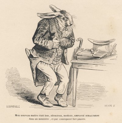 Rabbit as a subordinate employee in a ministry. Illustrated vignettes by JJ Granville. Engraving signed Breviere in the section "History of a Hare" written by PJ Stahl in "Scenes from the Private and Public Life of Animals". Paris, J. Hetzel and Paulin by Grandville