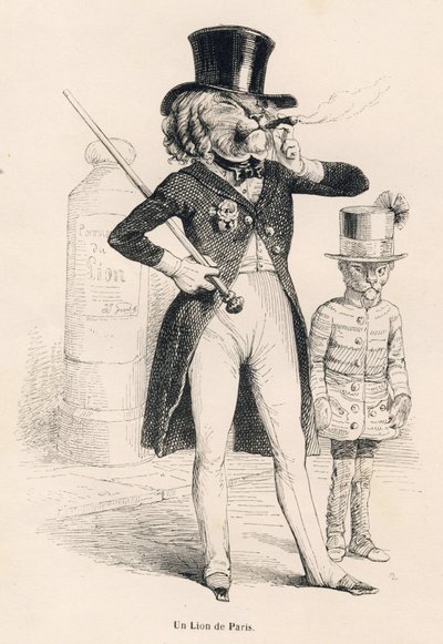 Lion of Paris. Illustrated vignettes by JJ Granville. Engraving signed Andrew, Best and Leloir in the section titled "Voyage of an African Lion to Paris" written by Honore de Balzac in "Scenes from the Private and Public Life of Animals". Paris, J. Hetzel  by Grandville
