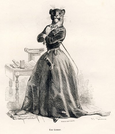 Lioness with a Pistol and a Whip. Illustrated Vignettes by JJ Granville. Engraving Signed Andrew, Best and Leloir in the Section 