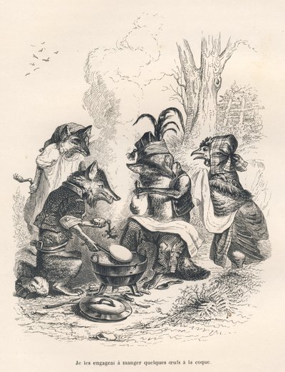 Foxes Eating Eggs in Front of a Crying Hen. Illustrated Vignettes by JJ Granville. Engraving Signed Godard in the Section Titled 