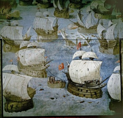 Naval Battle in the Azores (1571) – Conquest of the Third Island – Fresco Painting 1585 – Restored by Granello Tavaron Castello y Cambiasso