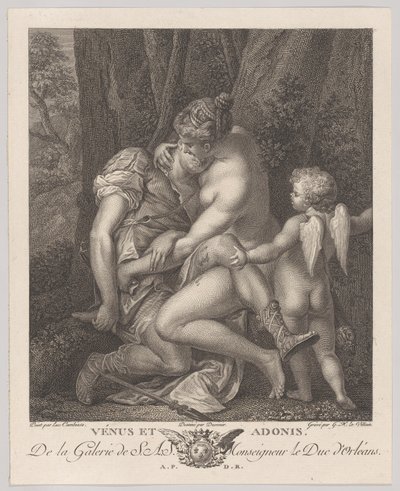 Venus mourning Adonis, seated beneath a tree and embracing him, with Cupid at right by Gérard René Le Vilain