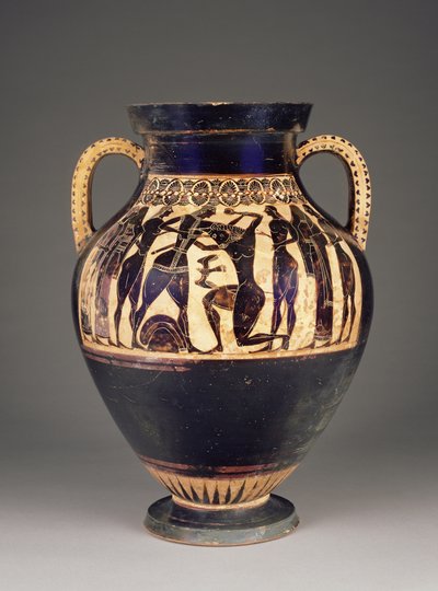 Athenian Attic black-figure amphora attributed to Lydos with Theseus killing the Minotaur by Greek