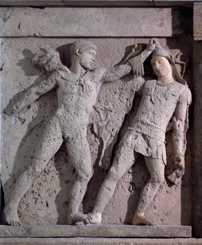 Magna Graecia: Metope with Heracles and Amazon, Stone Relief, 5th Century BC by Greek
